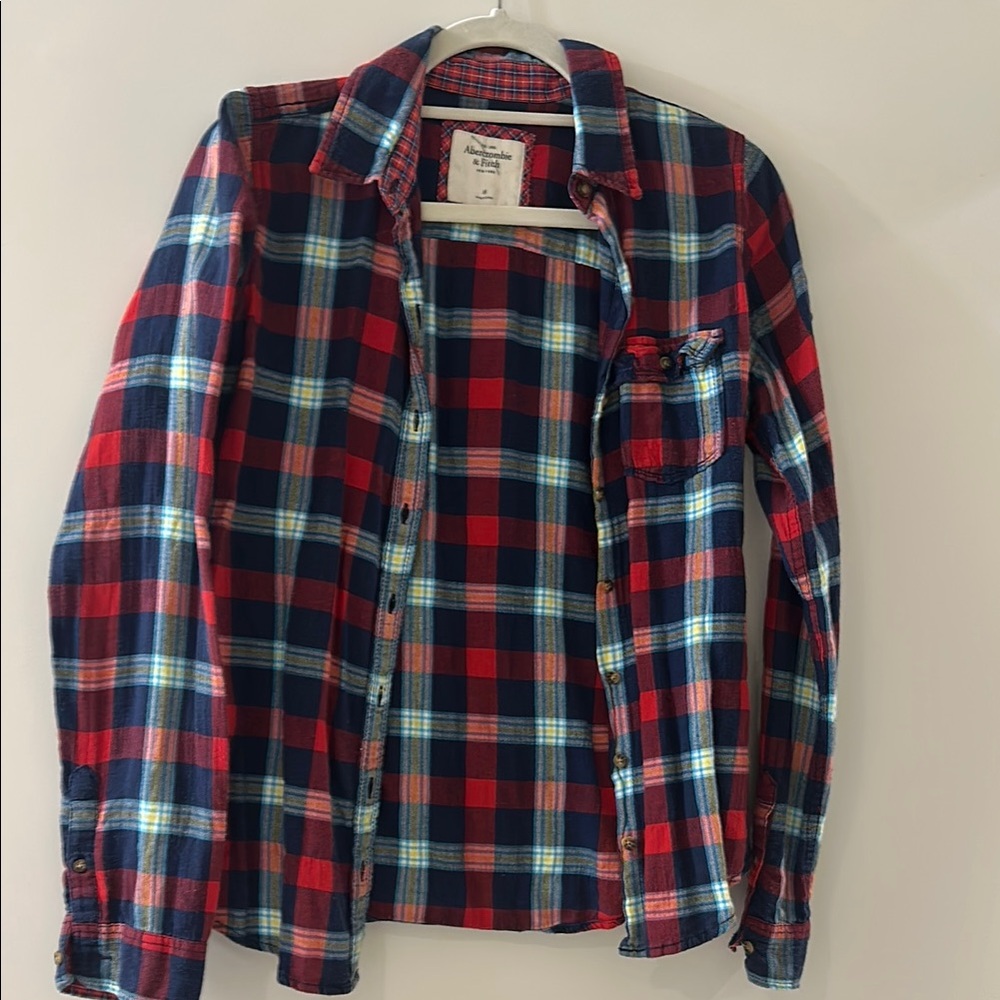 Abercrombie and Fitch Red and Blue Plaid Women’s Flannel Shirt